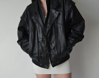 Vintage 90s Oversized Biker Leather Jacket: Genuine Soft Leather