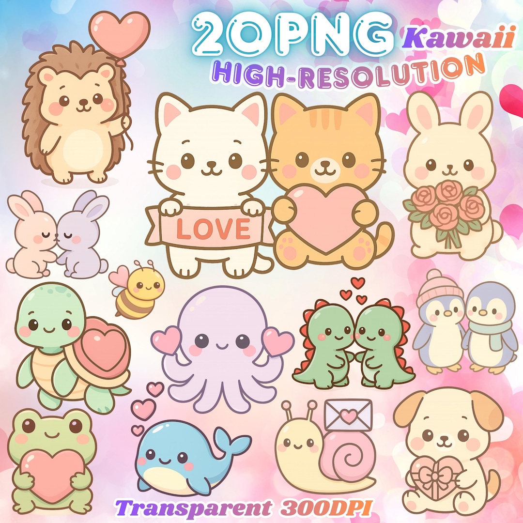 Kawaii Valentine Animals PNG Clipart Bundle, Pastel Chibi Style ...