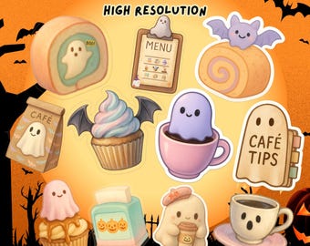 Pastel Ghost Cafe Clipart, Kawaii Halloween Graphics, 11 Transparent PNGs (Digital Download)