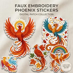 Faux Embroidery Phoenix PNG Bundle, Firebird Sublimation Design