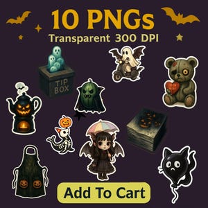 Dark Halloween Clipart Gothic Cute Stickers PNG Aesthetic Spooky Decor for Scrapbook, Laptop, Digital Use 300DPI Transparent High Resolution
