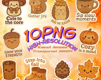 Kawaii Autumn Clipart Bundle: Fall Stickers, Pumpkin, Squirrel (Digital Download)