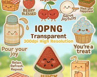 Kawaii Picnic Food Sticker Bundle: Embroidered PNG Clipart (Digital Download)