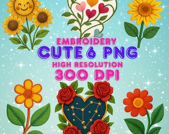 Faux Embroidery Floral Clipart Bundle, Realistic Thread Texture PNGs (Digital Download)