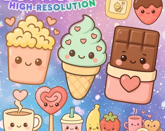 Op de afbeelding: Een verzameling schattige, cartoonachtige illustraties van eten en drinken. Bevat een popcornbeker, een ijsje, een chocoladereep, een honingpot, een aardbei, een koffiekopje, een hartvormige lolly, bubble tea, een banaan en koekjes. Tekst: "20PNG Kawaii High-Resolution" en "Transparent 300DPI".
