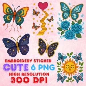 Può includere: Una collezione di disegni di adesivi ricamati colorati con farfalle, rose e un sole con un volto. Il testo "EMBROIDERY STICKER CUTE 6 PNG HIGH RESOLUTION 300 DPI" è visualizzato nell'immagine. I disegni sono su sfondo rosa.