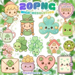 Kawaii Lucky Clover-klistermärken PNG, pastellfärgade St. Patrick's Day-clipart (digital nedladdning)