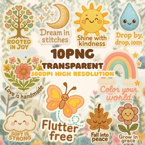 Puede incluir: Una colección de 10 pegatinas PNG con fondo transparente. Las pegatinas presentan varios diseños, incluyendo un árbol, una luna, un sol, una gota de lluvia, un corazón, un arcoíris, una mariposa, una nube, una hoja y una flor. Cada pegatina tiene una frase única.