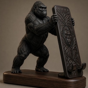 Puede incluir: Un soporte para teléfono de madera marrón oscuro con una figura de gorila esculpida sobre una base ovalada. El gorila sostiene un panel rectangular vertical con tallas de hojas y un relieve de cara de gorila, incluyendo dos ganchos.