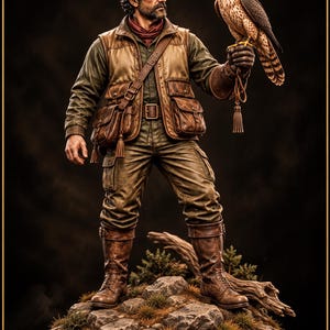 Falconer med pilgrimsfalk 3D-utskriftsmodell | Detaljerad jägarefigur (digital nedladdning)