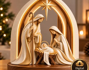 Könnte beinhalten: Eine Krippenszene mit Figuren von Josef, Maria und dem Jesuskind in einer Krippe, eingerahmt von einer Bogenstruktur mit einem beleuchteten Stern an der Spitze. Der Sockel ist holzfarben und ein Digital Download Symbol ist zu sehen.
