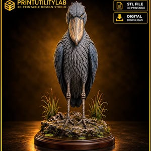 Könnte beinhalten: Eine 3D-druckbare digitale STL-Datei einer Schuhschnabel-Skulptur. Der Vogel hat ein dunkelgraues Gefieder, einen großen beigen Schnabel und intensive gelbe Augen. Er steht auf einem strukturierten Felsensockel mit grünem Gras und Seerosen.