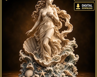 May include: A 3D printable digital file of a sculpture depicting a figure with long flowing hair standing inside a large seashell. The base features detailed ocean waves, starfish, and various seashells. Text includes PRINTUTILITYLAB, STL FILE, and DIGITAL DOWNLOAD.