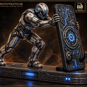 Può includere: Un design digitale stampabile in 3D raffigurante un robot meccanico in armatura argentata con accenti blu, che spinge una base rettangolare per telefono. La base presenta intricati motivi a ingranaggi e circuiti con dettagli luminosi blu.