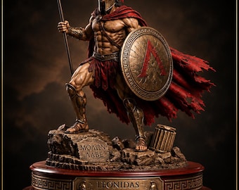 May include: A 3D printable digital download file featuring a detailed Spartan warrior statue of Leonidas. The figure wears a bronze helmet with a red crest, holds a spear and a shield with a red lambda symbol, and stands on a base with the text Molon Labe.