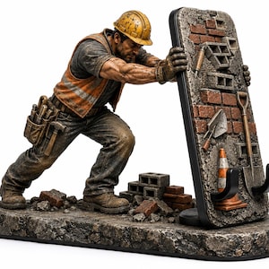May include: A detailed figurine of a construction worker in a yellow hard hat and orange safety vest, pushing a vertical brick wall section. The wall features miniature tools like a shovel, trowel, and traffic cone, with two black hooks for storage.