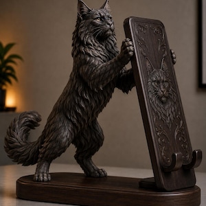 Puede incluir: Un soporte para teléfono de madera tallada en color marrón oscuro con la figura de un gato Maine Coon de pie. El gato apoya sus patas delanteras sobre un panel rectangular decorado con un relieve de una cara de gato y motivos florales.