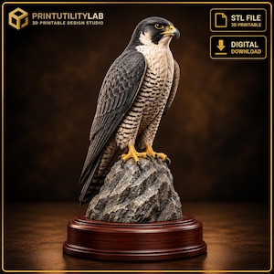 Può includere: Un file di download digitale stampabile in 3D con una statuetta dettagliata di un falco pellegrino appollaiato su una base di roccia strutturata. Il falco ha un piumaggio grigio scuro e bianco, artigli gialli e un becco ricurvo su base in legno.
