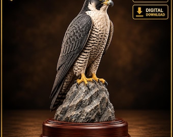 Könnte beinhalten: Eine 3D-druckbare digitale Download-Datei mit einer detaillierten Wanderfalken-Figur auf einem strukturierten Felsensockel. Der Falke hat ein dunkelgraues und weißes Gefieder, gelbe Krallen und einen Hakenschnabel auf einem runden Holzständer.