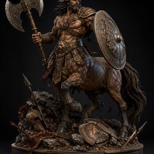 Könnte beinhalten: Eine detaillierte bronzefarbene Statue eines Zentaurenkriegers, der eine große doppelseitige Streitaxt und einen runden Schild hält. Die Figur hat einen muskulösen menschlichen Oberkörper und Pferdekörper auf einem Sockel mit der Aufschrift CENTAUR WARLORD.