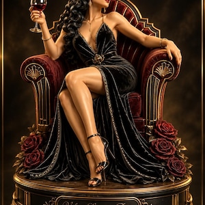 May include: A 3D printable STL file of a figure titled Velvet Lounge Diva. The figure depicts a person in a black velvet dress sitting in a dark red armchair, holding a wine glass, surrounded by red roses on a circular base with gold accents.