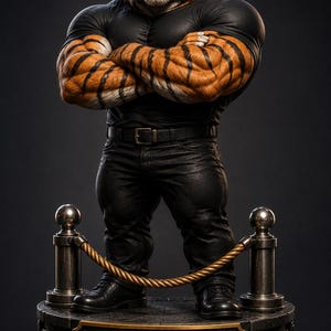 May include: A muscular tiger figure wearing black sunglasses, a tight black t-shirt, and black jeans with a belt. The figure stands on a circular base with two metal posts connected by a rope and a plaque that reads VIP SECURITY in gold letters.