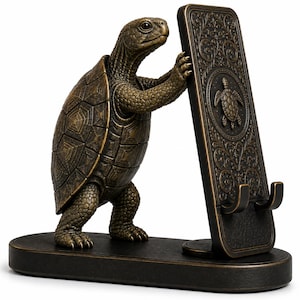 Op de afbeelding: Een bronskleurig schildpadbeeldje op een ovale voet, dat een rechtopstaande rechthoekige standaard vasthoudt. De standaard is voorzien van een reliëf van een schildpad, omringd door gedetailleerde krulpatronen en twee kleine haakjes.
