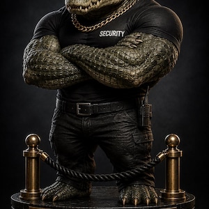 May include: A figurine of an anthropomorphic alligator security guard wearing black sunglasses, a black t-shirt with the word SECURITY, a gold chain, and black pants with a radio. It stands on a circular base with the text GUEST LIST ONLY.