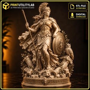 May include: A beige 3D printable statue of Athena wearing a crested helmet and armor, holding a long spear and a round shield with a Medusa emblem. An owl sits on a broken column base with Greek key patterns and the text PRINTUTILITYLAB.