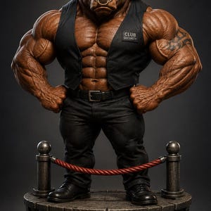 May include: A muscular bull-headed figure wearing a black vest with a CLUB SECURITY patch, black pants, and a belt. The figure stands on a circular stone base with a red rope barrier and the text NO ENTRY in red letters on the front.