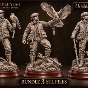Può includere: Un pacchetto digitale di tre file STL stampabili in 3D con una statuetta dettagliata di un falconiere che indossa un berretto piatto, un gilet e stivali. Il personaggio è raffigurato in tre pose con un falco, inclusa una con l'uccello in volo.