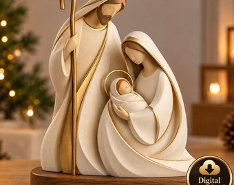 Könnte beinhalten: Ein Krippenfiguren-Set mit drei Figuren in cremefarbenen Gewändern mit Goldverzierungen. Eine Figur hält einen hohen Stab, während eine andere ein in Windeln gewickeltes Kind mit einem goldenen Heiligenschein im Arm hält.