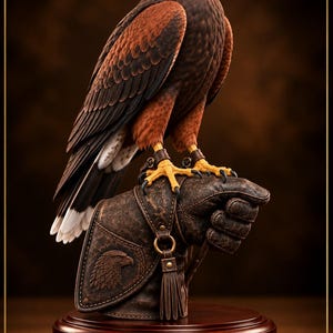 May include: A 3D printable digital file featuring a brown and rust-coloured hawk perched on a textured brown leather falconry glove. The glove displays an embossed eagle head emblem and a tassel. The entire sculpture rests on a circular wooden base.