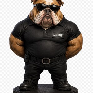 May include: A muscular bulldog figurine wearing black sunglasses, a black polo shirt with a SECURITY patch on the chest, black trousers with a belt, and black boots. The dog has brown and white fur, a wrinkled face, and a radio clipped to the belt.
