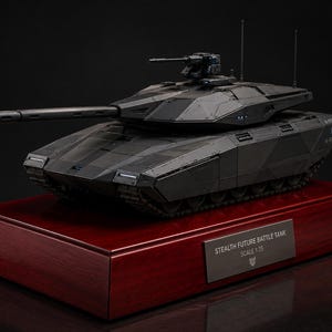 May include: A dark grey scale model of a stealth future battle tank with a long main cannon and a secondary turret on top. The model is mounted on a polished dark wood base with a metal plaque that reads STEALTH FUTURE BATTLE TANK SCALE 1:35.