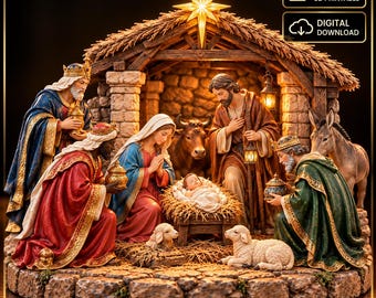 Könnte beinhalten: Eine detaillierte 3D-druckbare Krippenszene mit der Heiligen Familie, den drei Weisen, einem Esel, einer Kuh und zwei Schafen in einem Stall mit Strohdach. Ein heller Stern sitzt auf dem Dach und die Figuren tragen farbenfrohe Gewänder.