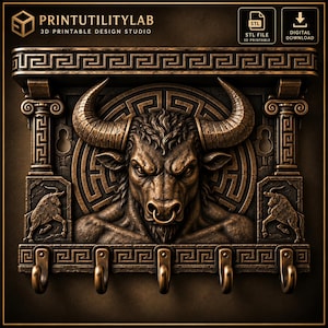 May include: A bronze-coloured wall-mounted key holder featuring a central bull head relief with a nose ring, flanked by two columns and smaller bull figures. The design includes a Greek key border pattern and five hooks for hanging items.