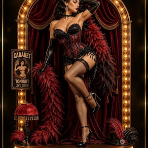 May include: A 3D printable STL file of a burlesque performer figurine standing on a circular stage with marquee lights. The figure wears a red and black corset, black gloves, and fishnet stockings. Text includes PRINTUTILITYLAB and Burlesque Star.