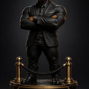 May include: A Doberman pinscher figurine wearing a black suit, tie, and sunglasses, standing with arms crossed. The figure is mounted on a circular base with gold posts, a black rope, and a plaque that reads SECURITY CHIEF with a dog icon.