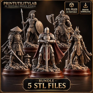 May include: A collection of five 3D printable warrior figurines including a samurai, a Spartan, a medieval knight, a Viking, and an Egyptian deity. Each figure stands on a circular base with detailed armour and weaponry. Text includes PRINTUTILITYLAB, 3D PRINTABLE DESIGN STUDIO, STL FILES, 3D PRINTABLE, DIGITAL DOWNLOAD, and BUNDLE 5 STL FILES.