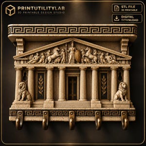 May include: A beige wall-mounted key holder featuring a Greek temple design with columns, a pediment with sculpted figures, and two lion statues. The base includes five bronze-colored hooks and a black Greek key border pattern at the top and bottom.