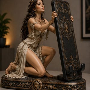 May include: A decorative phone stand featuring a kneeling figure in a draped cream-colored gown with gold accents. The stand has a dark, ornate rectangular back panel with gold filigree and a central medallion, resting on a matching base.