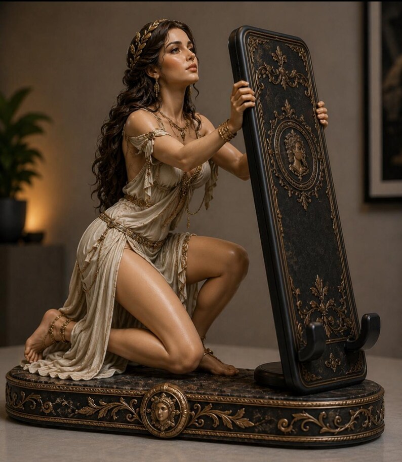 May include: A decorative phone stand featuring a kneeling figure in a draped cream-colored gown with gold accents. The stand has a dark, ornate rectangular back panel with gold filigree and a central medallion, resting on a matching base.