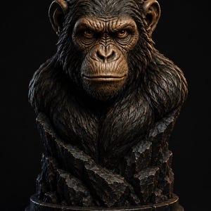 Op de afbeelding: Een donkerbronskleurige buste van een chimpansee met gedetailleerde vachtstructuur, een geconcentreerde gezichtsuitdrukking en amberkleurige ogen. Het beeld staat op een ruwe, rotsachtige basis met een cirkelvormig fundament.