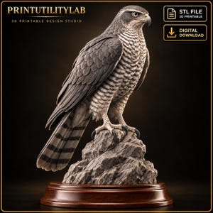 May include: A 3D printable digital design of a hawk perched on a textured rock formation. The bird features detailed grey and white plumage with dark horizontal stripes on its tail feathers. The model sits on a circular wooden base.
