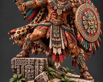 Aztekischer Jaguar-Krieger (STL-Datei) – 3D-druckbare Miniaturstatue eines aztekischen Kriegers – Historische Fantasyfigur (Digitaler Download)