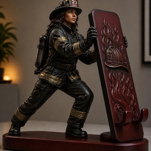 May include: A detailed figurine of a firefighter in black protective gear with yellow reflective stripes, wearing a helmet marked Fire 23 Dept. The figure holds a tall, dark wood display board featuring a carved helmet and flame design.