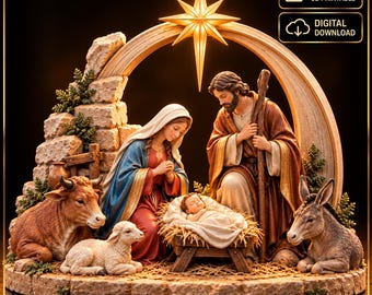 Könnte beinhalten: Eine 3D-druckbare Krippenszene mit Maria, Josef und dem Jesuskind in einer Krippe. Das Set enthält eine Kuh, ein Lamm und einen Esel, die alle unter einem steinartigen Bogen mit einem großen, leuchtenden Stern in der Mitte platziert sind.