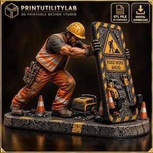 May include: A 3D printable digital file design of a construction worker figurine wearing a yellow hard hat and orange high-visibility vest, pushing a large rectangular road work ahead sign with a shovel icon and two black hooks for storage.
