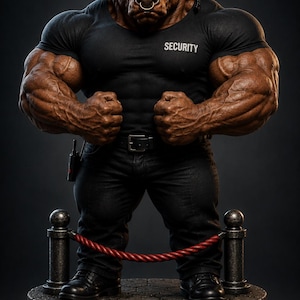 May include: A muscular bull-headed figure wearing a black t-shirt with the word SECURITY printed in white, black jeans, and a belt. The figure has a gold nose ring, clenched fists, and a radio on the belt, standing on a stone-textured circular base.